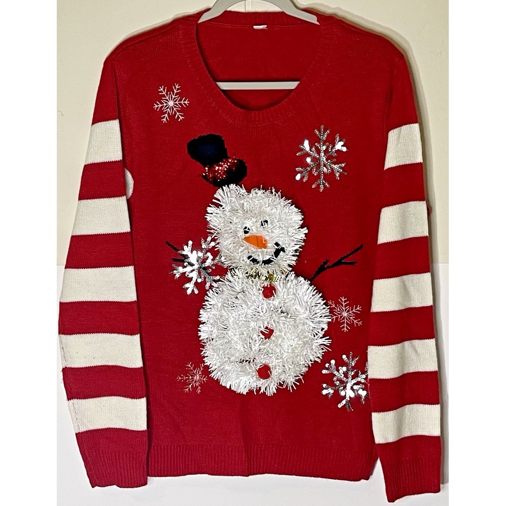Festive Snowman Sweater Peppermint Striped Sleeves - Size or Maker‎ Unknown